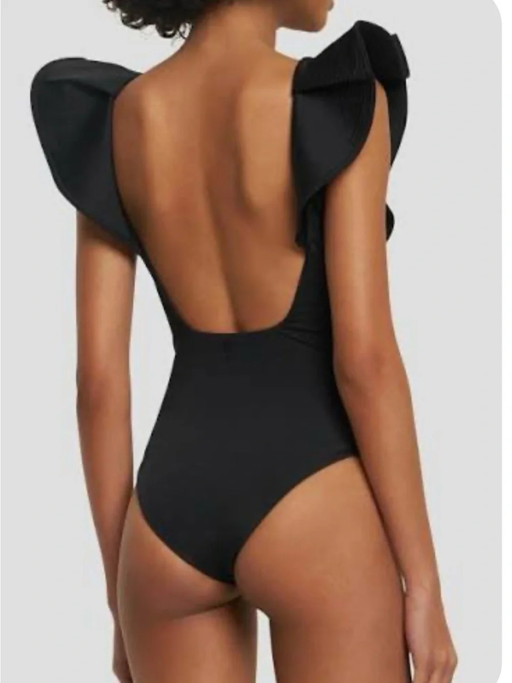 Johanna Ortiz Black One-Piece with Dramatic Ruffle V-Neck Island Rhythms